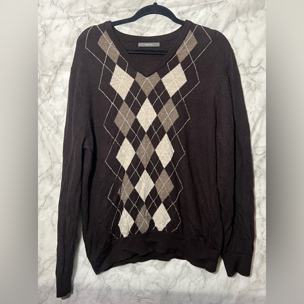 100% Merino Wool Men’s Classic Brown Argyle Sweater Traditional Menswear